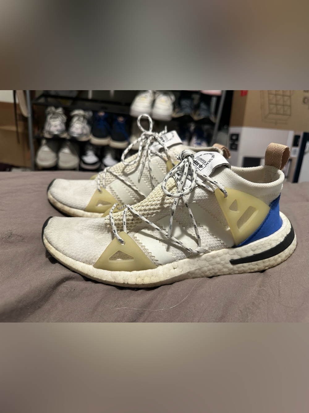 adidas Cream Knit Trail-Inspired Sneakers with Pale Yellow Accents